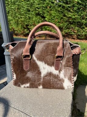Brown and White Cowhide Satchel with Leather Trim